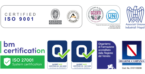 Certificazioni e accreditamenti: ISO 9001, Bureau Veritas, UNI/PdR 125, Unione Industriali Napoli, BM Certification ISO 27001, Q-Cert ISO 45001 e ISO 14001, Regione del Veneto, Regione Campania